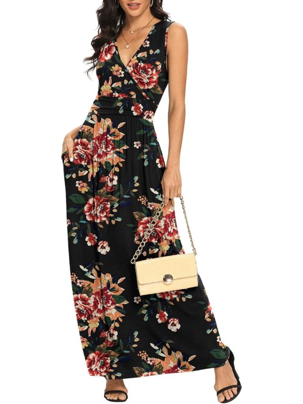 Lilbetter Women's Brown Floral Black Sleeveless Loose Plain Long Casual Dress